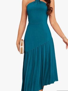 Teal Twist-Halter Midi Dress - Women